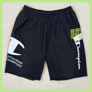 Champion‎ Mens 2XL Black Athletic Shorts Graphic Logo Cutoff Hem Streetwear Y2K